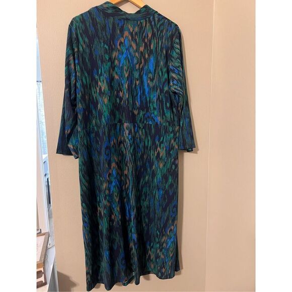 Liz Claiborne Size 2X Long Sleeve Faux Wrap Sheath Dress Blue Peacock Ikat Print - Picture 2 of 15